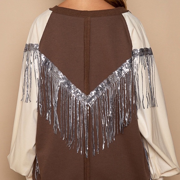 New POL Clothing Endless love Sequin Fringe Sweatshirt Pullover Brown Oversized - Picture 4 of 10